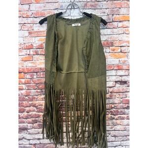 HOTOUCH green faux suede fringe vest open women's size small
